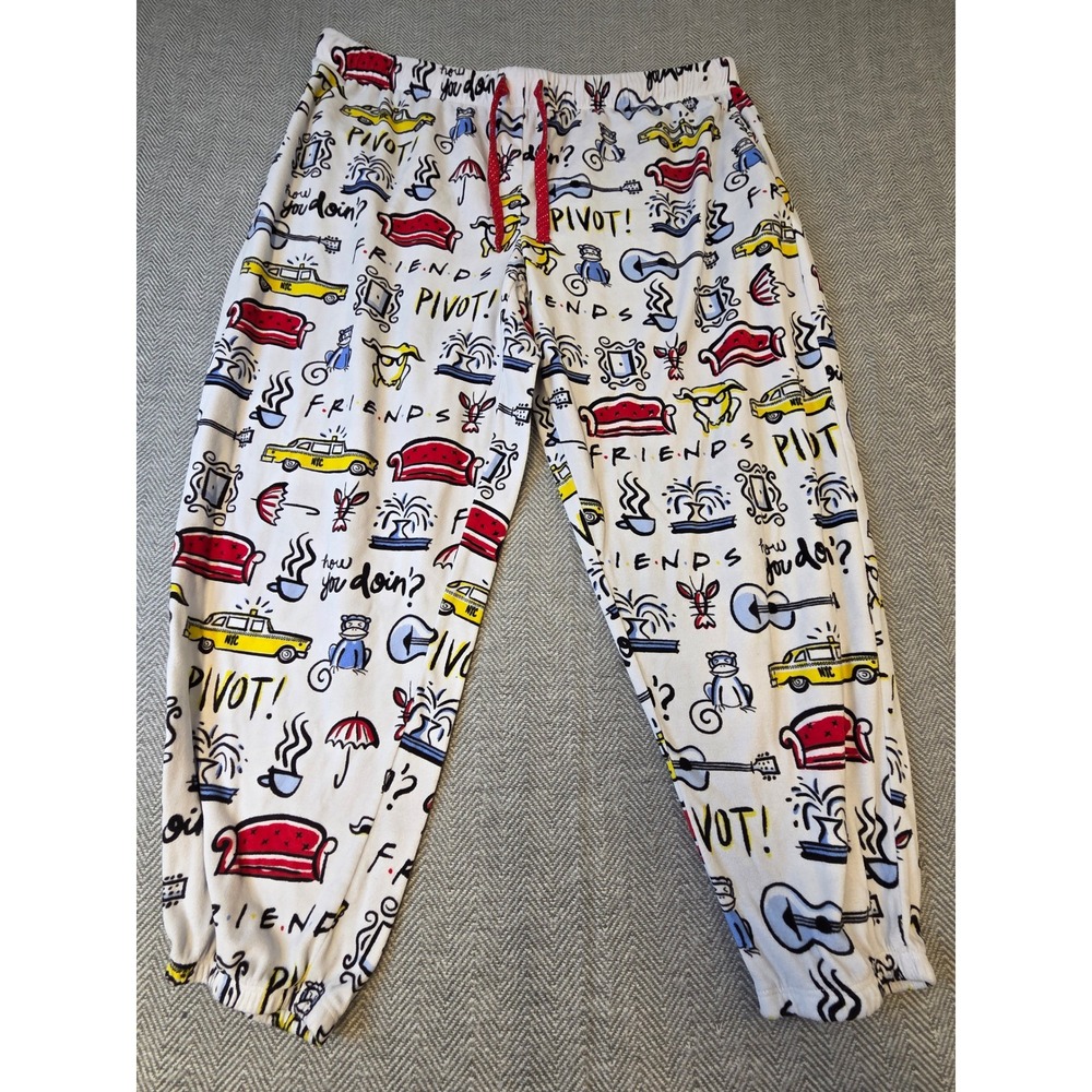 Friends TV Series Pajama Joggers Pants Women XL 16-18 White Doodle PIVOT Pattern